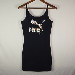 PUMA Women’s Black Bodycon Logo Mini Dress Size M Floral Graphic Y2K Streetwear